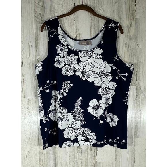 Chicos Tank Size 3 or XL Navy Blue Floral Tropical Hawaiian Flower - Picture 1 of 7